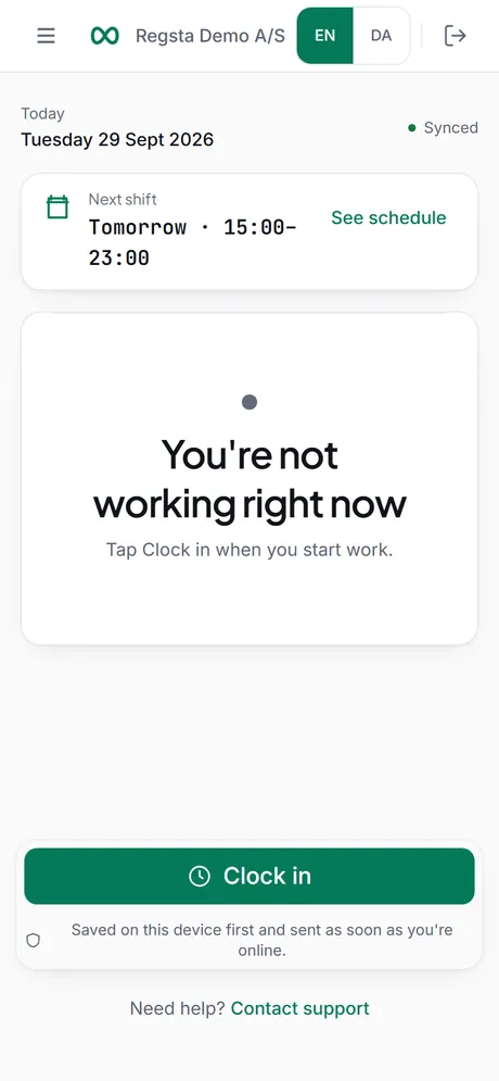 Regsta's time clock in a phone browser: the next shift is tomorrow 15:00–23:00, the employee is not working right now, and a large Clock in button.